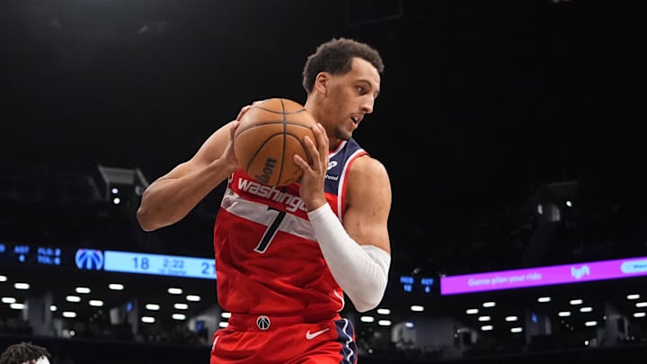 Oct 14, 2024; Brooklyn, New York, USA; Washington Wizards forward Patrick Baldwin Jr. (7) grabs a rebound against the Brooklyn Nets during the first half at Barclays Center. Mandatory Credit: Gregory Fisher-Imagn Images