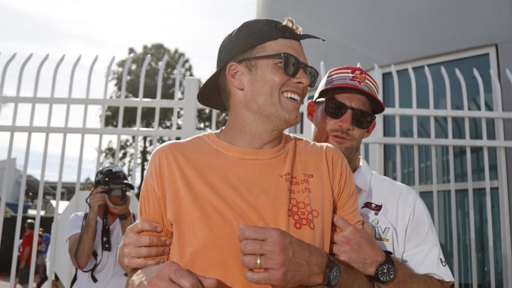 Feb 10, 2021; Tampa Bay, FL, USA; Tampa Bay Buccaneers quarterback Tom Brady (left) and quarterback Ryan Griffin after a boat parade to celebrate victory in Super Bowl LV against the Kansas City Chiefs. Mandatory Credit: Kim Klement-USA TODAY Sports Feb 10, 2021; Tampa Bay, FL, USA; Tampa Bay Buccaneers quarterback Tom Brady (left) and quarterback Ryan Griffin after a boat parade to celebrate victory in Super Bowl LV against the Kansas City Chiefs. Mandatory Credit: Kim Klement-USA TODAY Sports