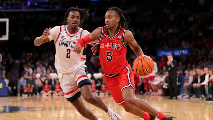 Mar 15, 2024; New York City, NY, USA; St. John's Red Storm guard Daniss Jenkins (5) drives to the