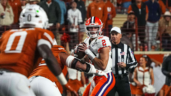 Clemson quarterback Cade Klubnik (2) throws a pass during the game against the Texas Longhorns in the first round of the College Football Playoffs at Darrell K Royal-Texas Memorial Stadium on Saturday, Dec. 21, 2024.