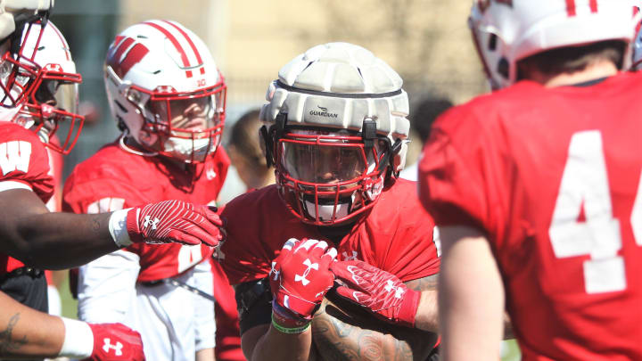 Wisconsin running back Chez Mellusi goes through a drill during spring practice Saturday at Camp Randall Stadium in Madison, Wisconsin on Saturday April 13, 2024. Wisconsin running back Chez Mellusi goes through a drill during spring practice Saturday at Camp Randall Stadium in Madison, Wisconsin on Saturday April 13, 2024.