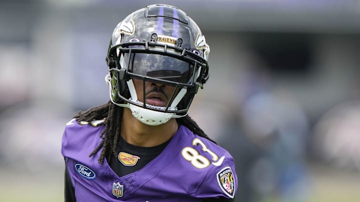 Jul 27, 2023; Owings Mills, MD, USA; Baltimore Ravens wide receiver Makai Polk (83) reacts after catching a pass during training camp practice at Under Armour Performance Center. Mandatory Credit: Brent Skeen-Imagn Images at Under Armour Performance Center. Mandatory Credit: Brent Skeen-Imagn Images