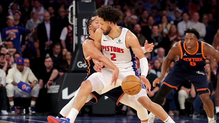 Detroit Pistons guard Cade Cunningham is fouled by New York Knicks guard Jalen Brunson. Mandatory Credit: Brad Penner-Imagn Images