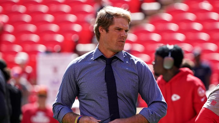 Sep 24, 2023; Kansas City, Missouri, USA; Sports broadcaster Greg Olsen on field against the Chicago Bears prior to a game at GEHA Field at Arrowhead Stadium. Mandatory Credit: Denny Medley-Imagn Images