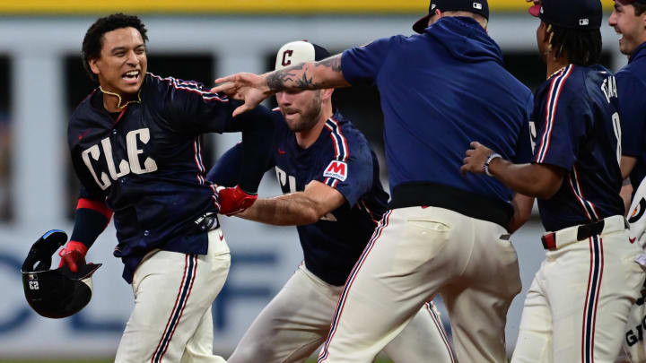 Jul 2, 2024; Cleveland, Ohio, USA; Cleveland Guardians pinch hitter Bo Naylor (23) celebrates with teammates after hitting a walk off sacrifice fly during the ninth inning against the Chicago White Sox at Progressive Field. Mandatory Credit: Ken Blaze-USA TODAY Sports Jul 2, 2024; Cleveland, Ohio, USA; Cleveland Guardians pinch hitter Bo Naylor (23) celebrates with teammates after hitting a walk off sacrifice fly during the ninth inning against the Chicago White Sox at Progressive Field. Mandatory Credit: Ken Blaze-USA TODAY Sports