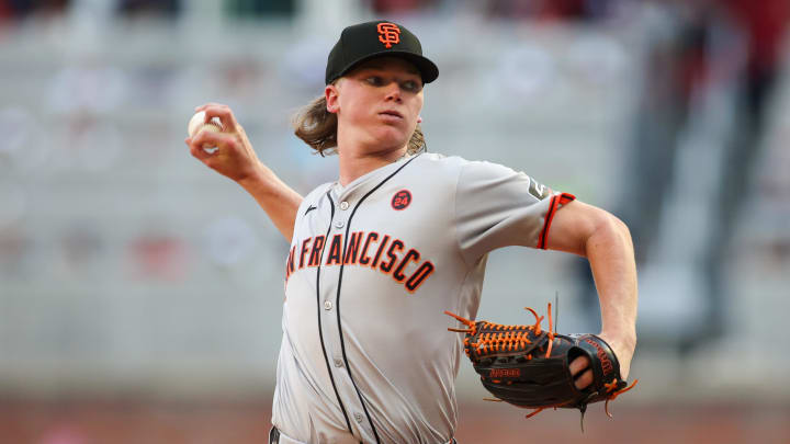 Jul 2, 2024; Atlanta, Georgia, USA; San Francisco Giants starting pitcher Hayden Birdsong (60) throws against the Atlanta Braves in the first inning at Truist Park.  Brett Davis-USA TODAY Sports