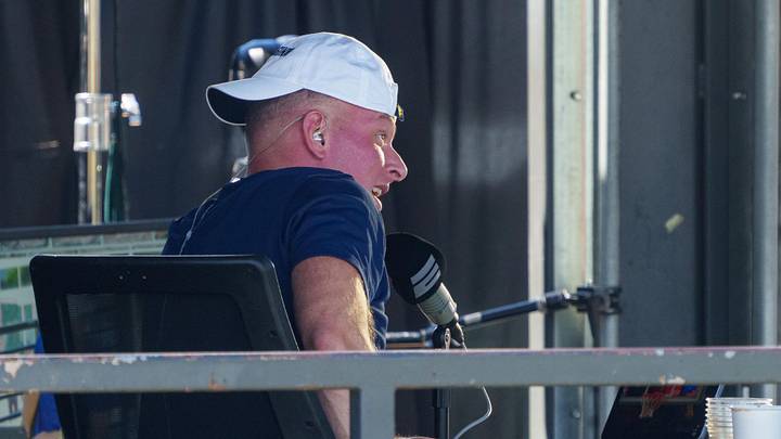 Jun 12, 2026; Omaha, NE, USA; Pat McAfee, host of The Pat McAfee Show, talks during a broadcast at Blatt Beer and Table before the game between the Troy Trojans and the West Virginia Mountaineers at Charles Schwab Field. Mandatory Credit: Dylan Widger-Imagn Images
