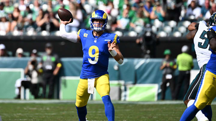 Sep 21, 2025; Philadelphia, Pennsylvania, USA; Los Angeles Rams quarterback Matthew Stafford (9) drops back to pass against the Philadelphia Eagles during the first half at Lincoln Financial Field. Mandatory Credit: Eric Hartline-Imagn Images Sep 21, 2025; Philadelphia, Pennsylvania, USA; Los Angeles Rams quarterback Matthew Stafford (9) drops back to pass against the Philadelphia Eagles during the first half at Lincoln Financial Field. Mandatory Credit: Eric Hartline-Imagn Images