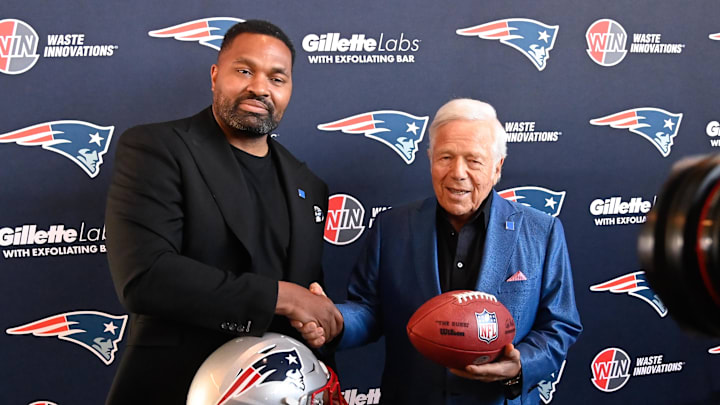 Jan 17, 2024; Foxborough, MA, USA; New England Patriots head coach Jerod Mayo (left) and owner Jan 17, 2024; Foxborough, MA, USA; New England Patriots head coach Jerod Mayo (left) and owner