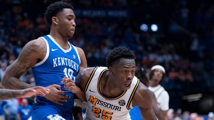 Missouri forward Mark Mitchell (25) drives against Kentucky forward Brandon Garrison (10) during their Day 2 2026 SEC Men’s Basketball Tournament game at Bridgestone Arena in Nashville, Tenn., Thursday, March 12, 2026. Missouri forward Mark Mitchell (25) drives against Kentucky forward Brandon Garrison (10) during their Day 2 2026 SEC Men’s Basketball Tournament game at Bridgestone Arena in Nashville, Tenn., Thursday, March 12, 2026.