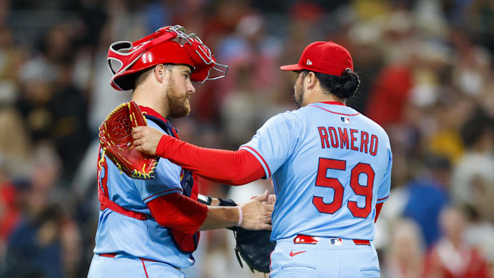 Aug 2, 2025; San Diego, California, USA; St. Louis Cardinals relief pitcher JoJo Romero (59) celebrates with catcher Pedro Pages (43) after defeating the San Diego Padres at Petco Park. Mandatory Credit: David Frerker-Imagn Images
