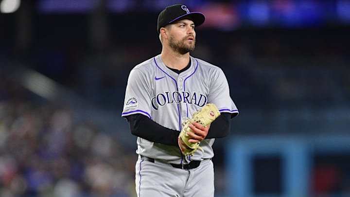 Colorado Rockies pitcher Jalen Beeks (68) reacts