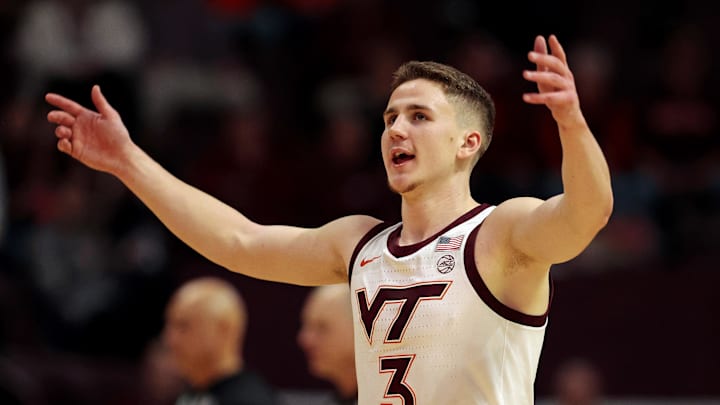 Jan 10, 2024; Blacksburg, Virginia, USA; Virginia Tech Hokies guard Sean Pedulla (3) waves to the