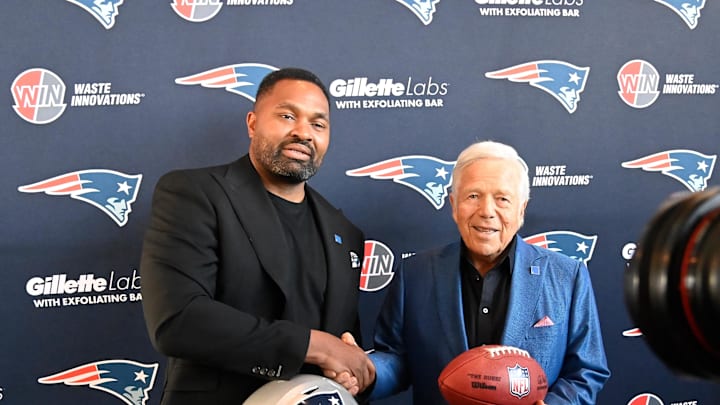 Jan 17, 2024; Foxborough, MA, USA; New England Patriots head coach Jerod Mayo (L) and owner Robert Kraft