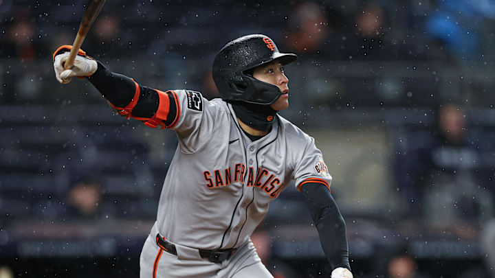 San Francisco Giants center fielder Jung Hoo Lee (51) hits a three run home run during the first inning against the New York Yankees at Yankee Stadium on April 11.