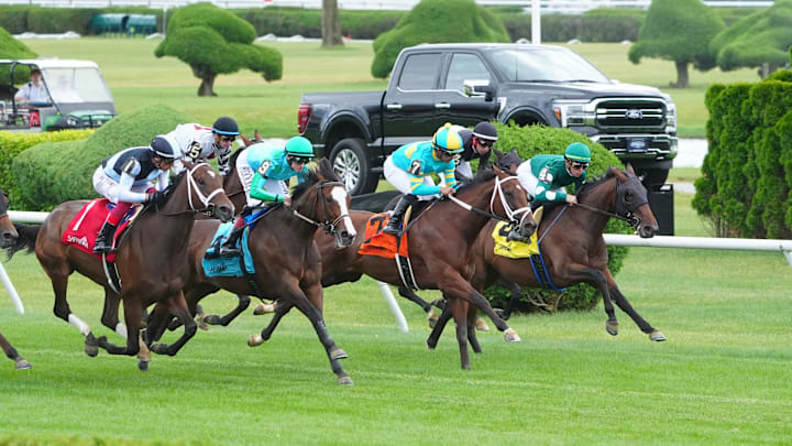 Jun 8, 2024; Saratoga Springs, NY, USA; Golden Degree (4) gets an early lead over Lady de Berry with Flavien Prat up (7) and Buttercream Babe with Luis Saez (9) and Source (GB) with Joel Rosario up (1) during race two at Saratoga Race Course. Jun 8, 2024; Saratoga Springs, NY, USA; Golden Degree (4) gets an early lead over Lady de Berry with Flavien Prat up (7) and Buttercream Babe with Luis Saez (9) and Source (GB) with Joel Rosario up (1) during race two at Saratoga Race Course.