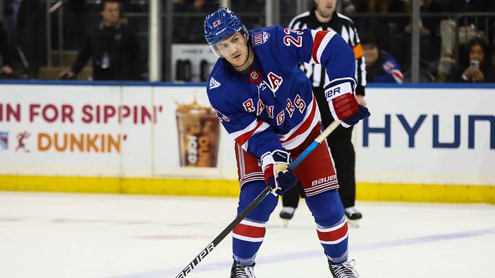 Apr 2, 2026; New York, New York, USA;  New York Rangers defenseman Adam Fox (23) at Madison Square Garden. Mandatory Credit: Wendell Cruz-Imagn Images