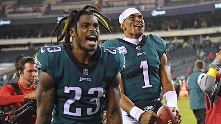 Philadelphia Eagles safety C.J. Gardner-Johnson (23) and quarterback Jalen Hurts (1) celebrate their win at home over the Dallas Cowboys.