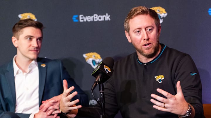 The Jacksonville Jaguars introduce General Manager James Gladstone, left, Monday morning February 24, 2025 at the Miller Electric Center in Jacksonville, Fla. as he listens to Head Coach Liam Coen during the press conference. [Doug Engle/Florida Times-Union]2025