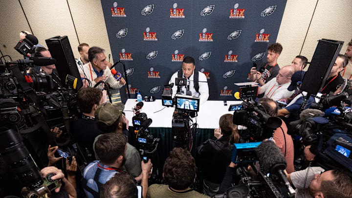 Feb 5, 2025; New Orleans, LA, USA; Philadelphia Eagles running back Saquon Barkley speaks with the media during a press conference at Hilton New Orleans Riverside.