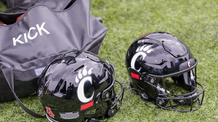 Oct 30, 2021; New Orleans, Louisiana, USA;  Cincinnati Bearcats helmets on the ground during the