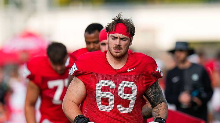 Ohio State Buckeyes offensive lineman Ian Moore (69) runs on the field during the third day of training camp at the Woody Hayes Athletic Center on Aug. 8, 2026 in Columbus, Ohio. Ohio State Buckeyes offensive lineman Ian Moore (69) runs on the field during the third day of training camp at the Woody Hayes Athletic Center on Aug. 8, 2026 in Columbus, Ohio.