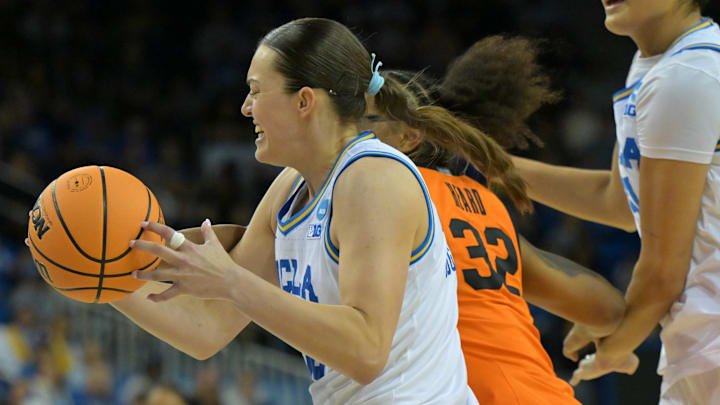 Mar 23, 2026; Los Angeles, CA, USA; UCLA Bruins forward Angela Dugalic (32) battles Oklahoma State Cowboys guard Stailee Heard (32) for a rebound in the second half at Pauley Pavilion. Mandatory Credit: Jayne Kamin-Oncea-Imagn Images Mar 23, 2026; Los Angeles, CA, USA; UCLA Bruins forward Angela Dugalic (32) battles Oklahoma State Cowboys guard Stailee Heard (32) for a rebound in the second half at Pauley Pavilion. Mandatory Credit: Jayne Kamin-Oncea-Imagn Images