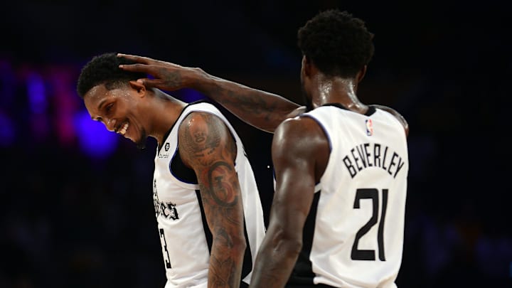 December 25, 2019; Los Angeles, California, USA; Los Angeles Clippers guard Patrick Beverley (21) and guard Lou Williams (23) react during the 111-106 victory against the Los Angeles Lakers at Staples Center. Mandatory Credit: Gary A. Vasquez-Imagn Images