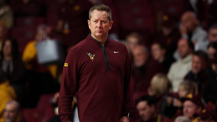 Nov 8, 2025; Minneapolis, Minnesota, USA; Minnesota Golden Gophers head coach Niko Medved looks on during the second half against the Alcorn State Braves at Williams Arena. Mandatory Credit: Matt Krohn-Imagn Images
