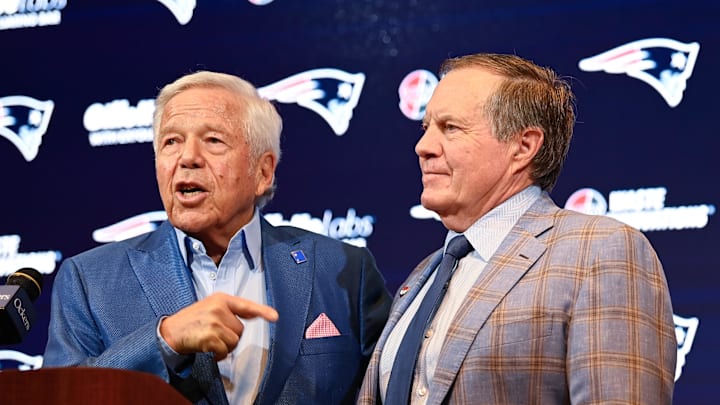 Jan 11, 2024; Foxborough, MA, USA; New England Patriots owner Robert Kraft (left) and Patriots former head coach Bill Belichick (right) and hold a press conference at Gillette Stadium to announce Belichick's exit from the team. Mandatory Credit: Eric Canha-Imagn Images
