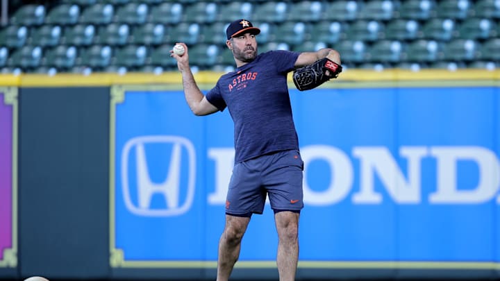 Sep 25, 2024; Houston, Texas, USA; Houston Astros starting pitcher Justin Verlander (35) warms up prior to the game against the Seattle Mariners at Minute Maid Park.