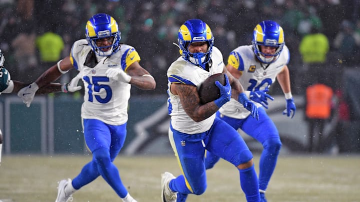 Jan 19, 2025; Philadelphia, Pennsylvania, USA; Los Angeles Rams running back Kyren Williams (23) runs with the ball against the Philadelphia Eagles in a 2025 NFC divisional round game at Lincoln Financial Field. Mandatory Credit: Eric Hartline-Imagn Images