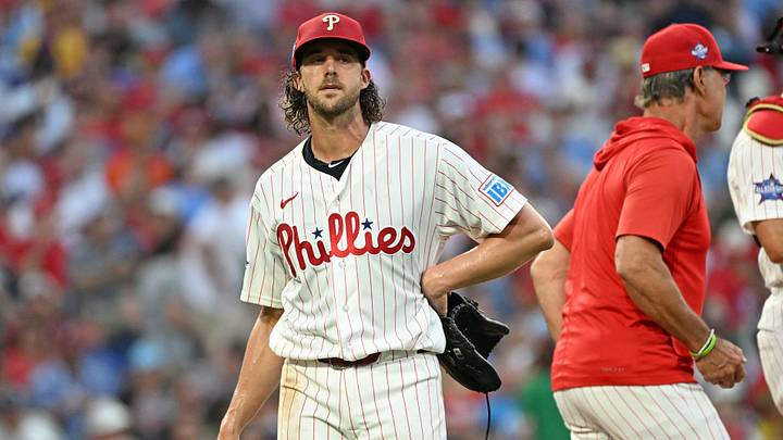 Jun 29, 2026; Philadelphia, Pennsylvania, USA; Philadelphia Phillies pitcher Aaron Nola (27) walks off the mound after being removed against the Pittsburgh Pirates during the fifth inning at Citizens Bank Park. Mandatory Credit: Eric Hartline-Imagn Images Jun 29, 2026; Philadelphia, Pennsylvania, USA; Philadelphia Phillies pitcher Aaron Nola (27) walks off the mound after being removed against the Pittsburgh Pirates during the fifth inning at Citizens Bank Park. Mandatory Credit: Eric Hartline-Imagn Images