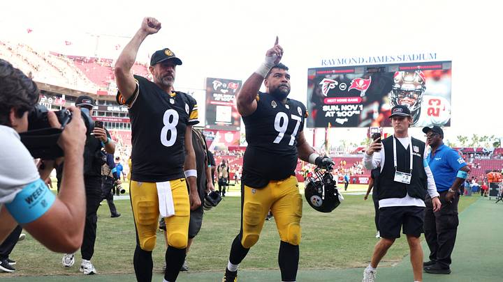 Oct 18, 2026; Tampa, Florida, USA; Pittsburgh Steelers quarterback Aaron Rodgers (8) and Pittsburgh Steelers defensive tackle Cameron Heyward (97) celebrate after the game against the Tampa Bay Buccaneers at Raymond James Stadium. Mandatory Credit: Morgan Tencza-Imagn Images Oct 18, 2026; Tampa, Florida, USA; Pittsburgh Steelers quarterback Aaron Rodgers (8) and Pittsburgh Steelers defensive tackle Cameron Heyward (97) celebrate after the game against the Tampa Bay Buccaneers at Raymond James Stadium. Mandatory Credit: Morgan Tencza-Imagn Images