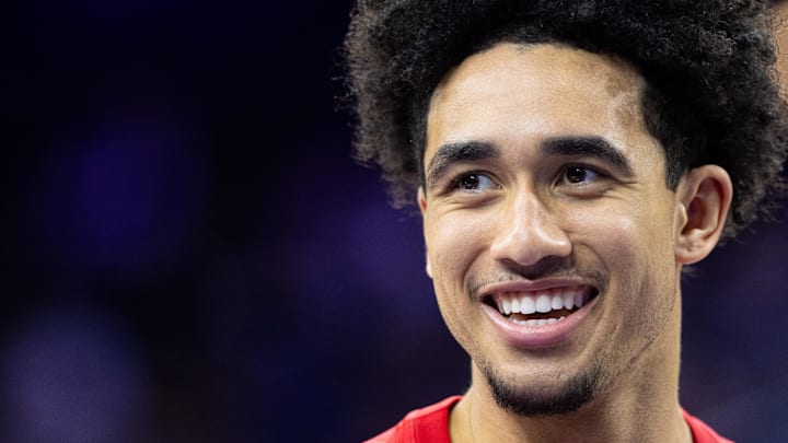 Dec 4, 2024; Philadelphia, Pennsylvania, USA; Philadelphia 76ers guard Jared McCain before action against the Orlando Magic at Wells Fargo Center. Mandatory Credit: Bill Streicher-Imagn Images Dec 4, 2024; Philadelphia, Pennsylvania, USA; Philadelphia 76ers guard Jared McCain before action against the Orlando Magic at Wells Fargo Center. Mandatory Credit: Bill Streicher-Imagn Images