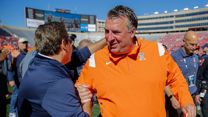Illinois head coach Bret Bielema celebrates with a supporter as he heads to the locker room after a game against Wisconsin on Saturday, October 1, 2022, at Camp Randall Stadium in Madison, Wis. Illinois won the game, 34-10, in Bielema s return to Madison after coaching the Badgers from 2006-2012.Tork Mason/USA TODAY NETWORK-Wisconsin
Usat Wisconsin Vs Illinois Football 100122 2932 Ttm Illinois head coach Bret Bielema celebrates with a supporter as he heads to the locker room after a game against Wisconsin on Saturday, October 1, 2022, at Camp Randall Stadium in Madison, Wis. Illinois won the game, 34-10, in Bielema s return to Madison after coaching the Badgers from 2006-2012.Tork Mason/USA TODAY NETWORK-Wisconsin
Usat Wisconsin Vs Illinois Football 100122 2932 Ttm