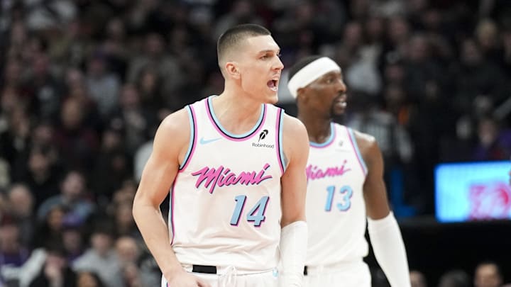 Feb 21, 2025; Toronto, Ontario, CAN; Miami Heat guard Tyler Herro (14) celebrates after scoring against the Toronto Raptors during the second half at Scotiabank Arena. Mandatory Credit: Kevin Sousa-Imagn Images