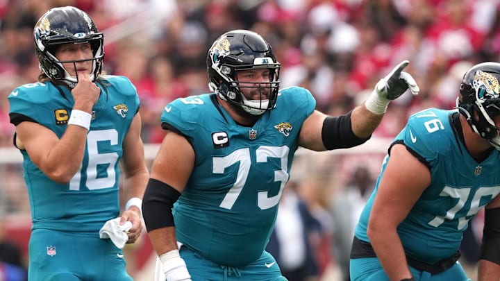 Sep 28, 2025; Santa Clara, California, USA; Jacksonville Jaguars center Robert Hainsey (73) gestures during the first quarter against the San Francisco 49ers at Levi's Stadium. Mandatory Credit: Darren Yamashita-Imagn Images