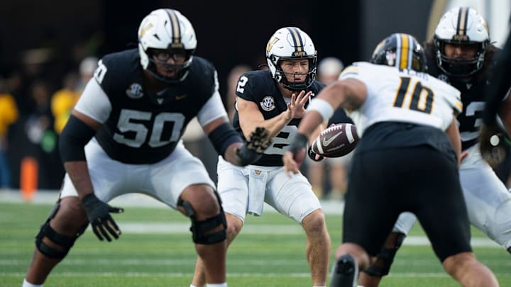 Vanderbilt's quarterback Diego Pavia (2) receives the snap against Missouri during their game at FirstBank Stadium in Nashville, Tenn., Saturday, Oct. 25, 2025. Vanderbilt's quarterback Diego Pavia (2) receives the snap against Missouri during their game at FirstBank Stadium in Nashville, Tenn., Saturday, Oct. 25, 2025.