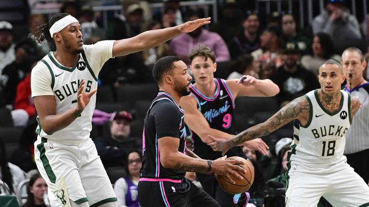 Feb 24, 2026; Milwaukee, Wisconsin, USA; Miami Heat guard Norman Powell (24) looks for a shot against Milwaukee Bucks center Myles Turner (3) and forward Kyle Kuzma (18) in the first quarter at Fiserv Forum. Mandatory Credit: Benny Sieu-Imagn Images Feb 24, 2026; Milwaukee, Wisconsin, USA; Miami Heat guard Norman Powell (24) looks for a shot against Milwaukee Bucks center Myles Turner (3) and forward Kyle Kuzma (18) in the first quarter at Fiserv Forum. Mandatory Credit: Benny Sieu-Imagn Images