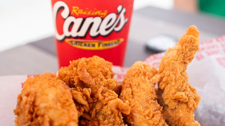 The Box Combo, including four chicken fingers, crinkle-cut fries, Cane’s sauce, Texas toast and coleslaw, is seen outside of Raising Cane’s Chicken Fingers in Southaven, Miss, on June 9, 2025. The restaurant is the first Raising Cane's location in the Memphis area.