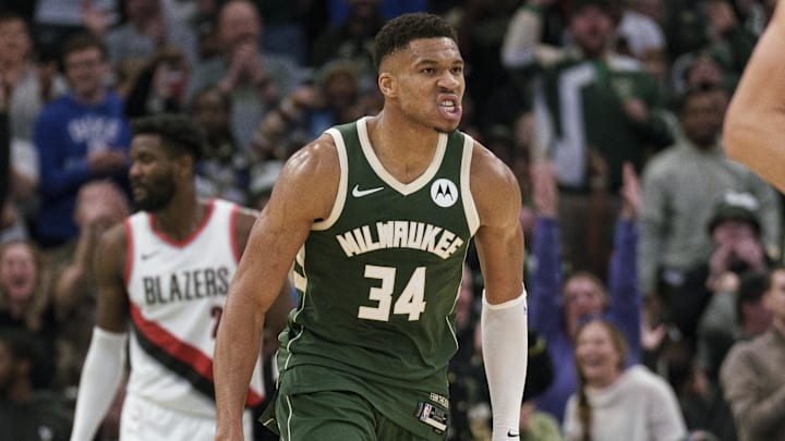 Nov 26, 2023; Milwaukee, Wisconsin, USA;  Milwaukee Bucks forward Giannis Antetokounmpo (34) reacts after scoring a basket during the fourth quarter against the Portland Trail Blazers at Fiserv Forum. Mandatory Credit: Jeff Hanisch-USA TODAY Sports