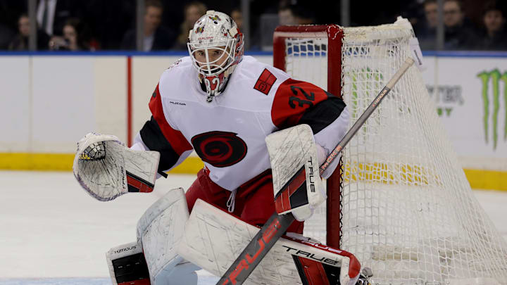 Feb 5, 2026; New York, New York, USA; Carolina Hurricanes goaltender Brandon Bussi (32) tends net against the New York Rangers during the second period at Madison Square Garden. Mandatory Credit: Brad Penner-Imagn Images