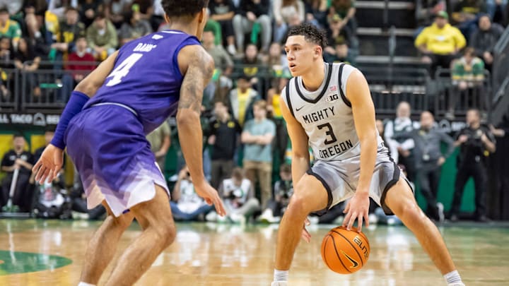 Oregon guard Jackson Shelstad moves the ball up the court as the Oregon Ducks host the Washington Huskies Tuesday, Jan. 21, 2025, at Matthew Knight Arena in Eugene, Ore.