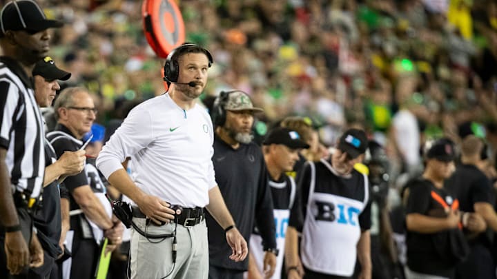 Oregon head coach Dan Lanning looks on as the No. 3 Oregon Ducks host the No. 2 Ohio State Buckeyes Saturday, Oct. 12, 2024 at Autzen Stadium in Eugene, Ore.