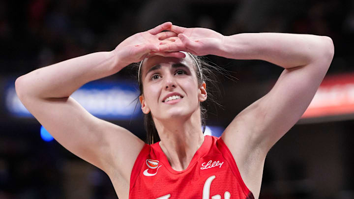 Indiana Fever guard Caitlin Clark (22) reacts Saturday, May 9, 2026, after losing the Fever’s season opener game at Gainbridge FIeldhouse in Indianapolis. The Dallas Wings defeated the Indiana Fever, 107-104.