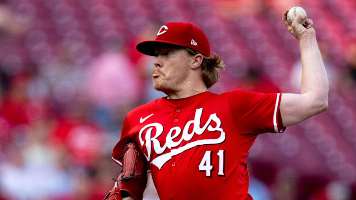 Cincinnati Reds pitcher Andrew Abbott (41) pitches in the second inning of the MLB baseball game between the Cincinnati Reds and the St. Louis Cardinals at Great American Ball Park in Cincinnati on Tuesday, May 28, 2024.