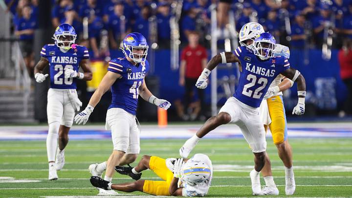 Kansas Jayhawks safety Khijohnn Cummings-Coleman (22) celebrates a stop against LIU Sharks during the game inside David Booth Kansas Memorial Stadium on Sept. 4, 2026. Kansas Jayhawks safety Khijohnn Cummings-Coleman (22) celebrates a stop against LIU Sharks during the game inside David Booth Kansas Memorial Stadium on Sept. 4, 2026.