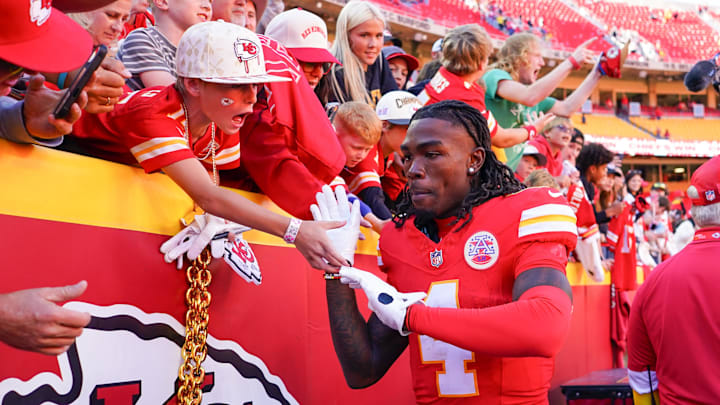 Oct 19, 2025; Kansas City, Missouri, USA; Kansas City Chiefs wide receiver Rashee Rice (4) greets fans as he leaves the field after the game against the Las Vegas Raiders at GEHA Field at Arrowhead Stadium. Mandatory Credit: Denny Medley-Imagn Images