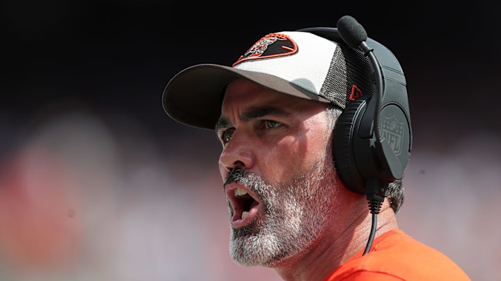 Cleveland Browns head coach Kevin Stefanski reacts to a play during the first half of an NFL football game at Huntington Bank Field, Sunday, Sept. 22, 2024, in Cleveland, Ohio.